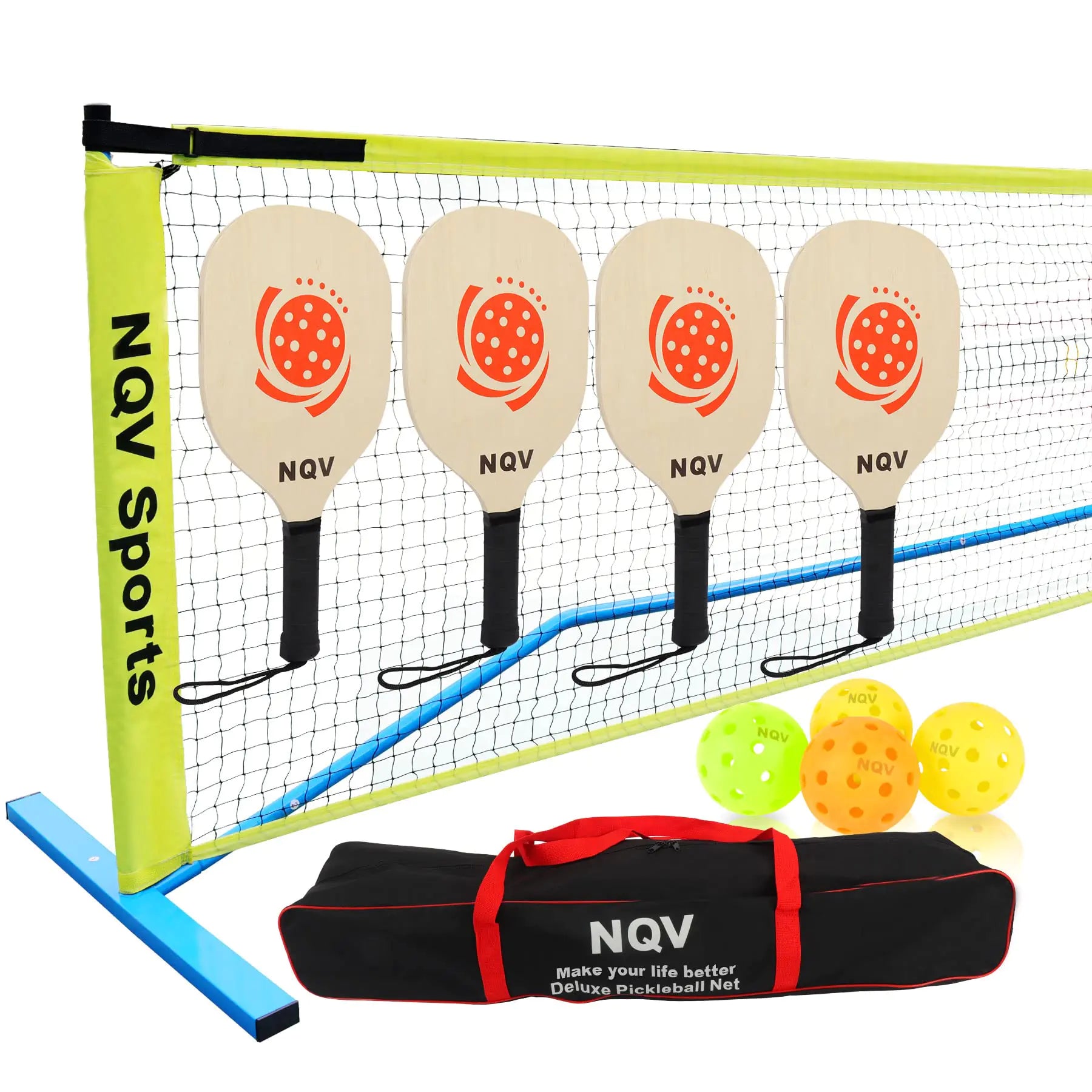 Pickleball Set of 4 Paddles and a 22ft Full Court Pickleball Net for Driveways, Bag included! NQV