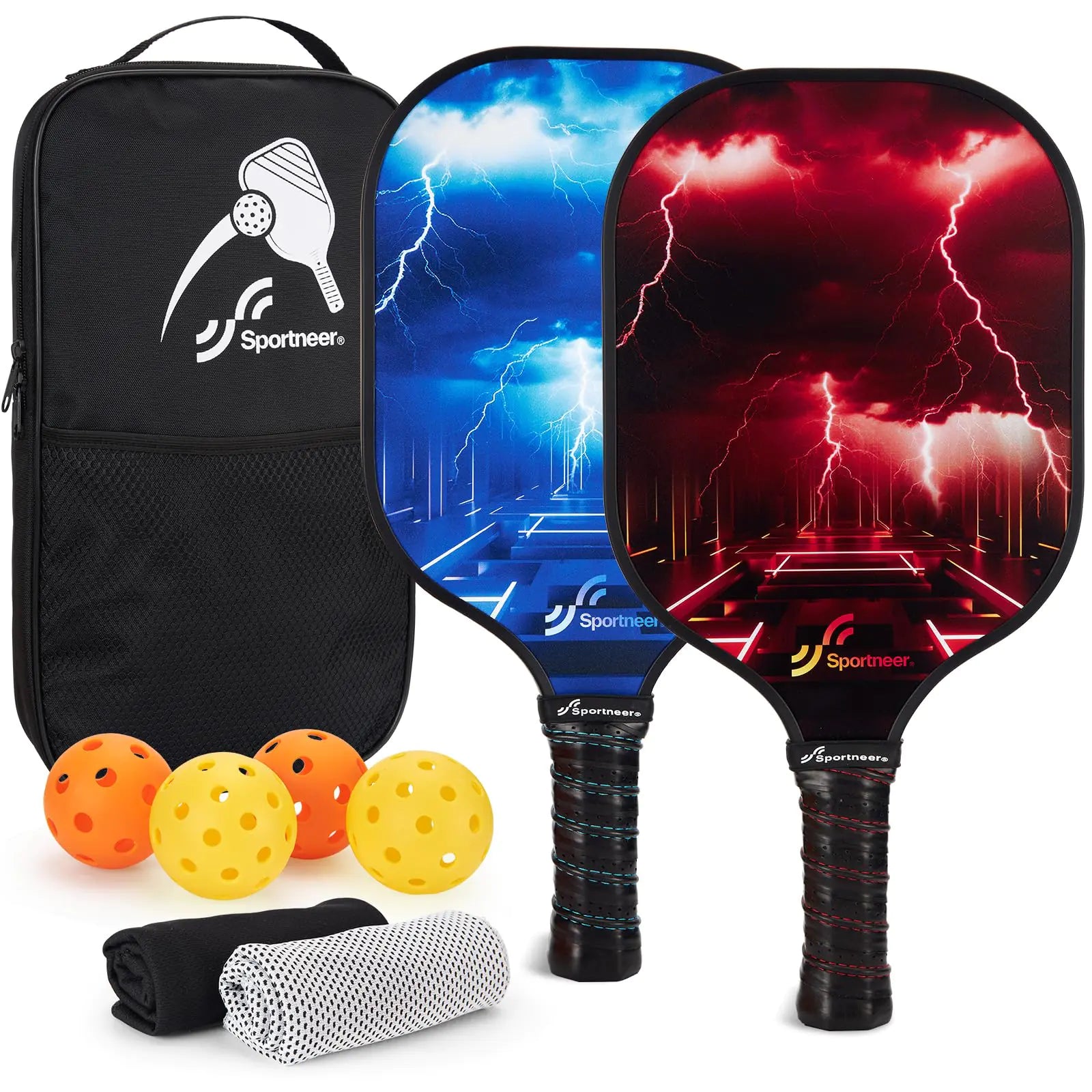 Pickleball Paddle Set of 2: Lightweight Fiberglass Surface Pickleball Beginners Set with 2 Pickleball Rackets, including 4 Balls, 2 Cooling Towels & 1 Pickleball Bag