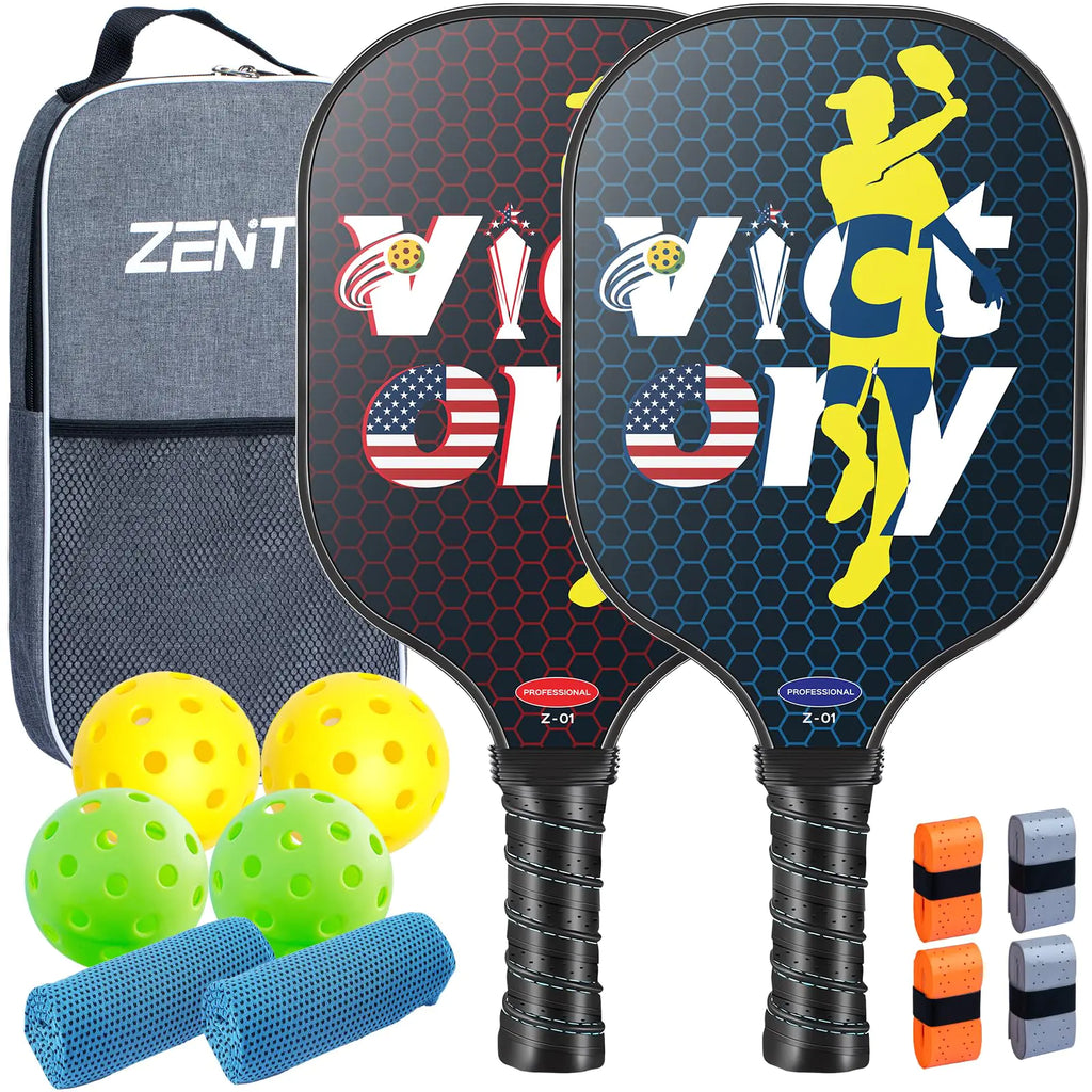 VICTORY Pickleball Paddles Set of 2 (USAPA Approved) Carbon Fiber Material, Includes 4 Pickleball Balls, 2 Cooling Towels & Bag
